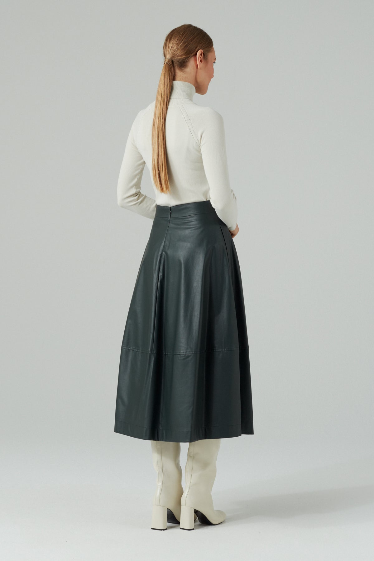 GREEN ECO LEATHER MIDI A-LINE SKIRT