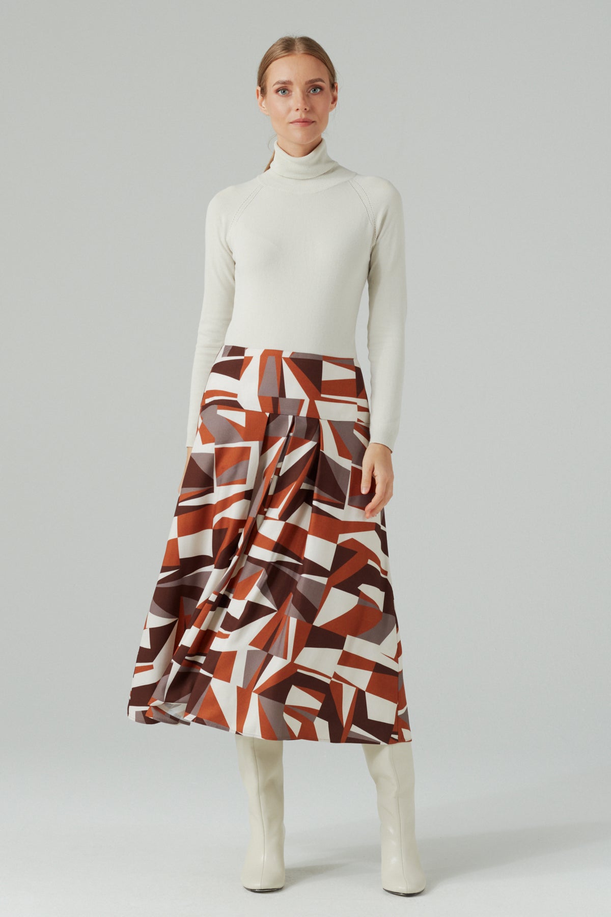 DESIGNER PRINT PLEATED A-LINE SKIRT