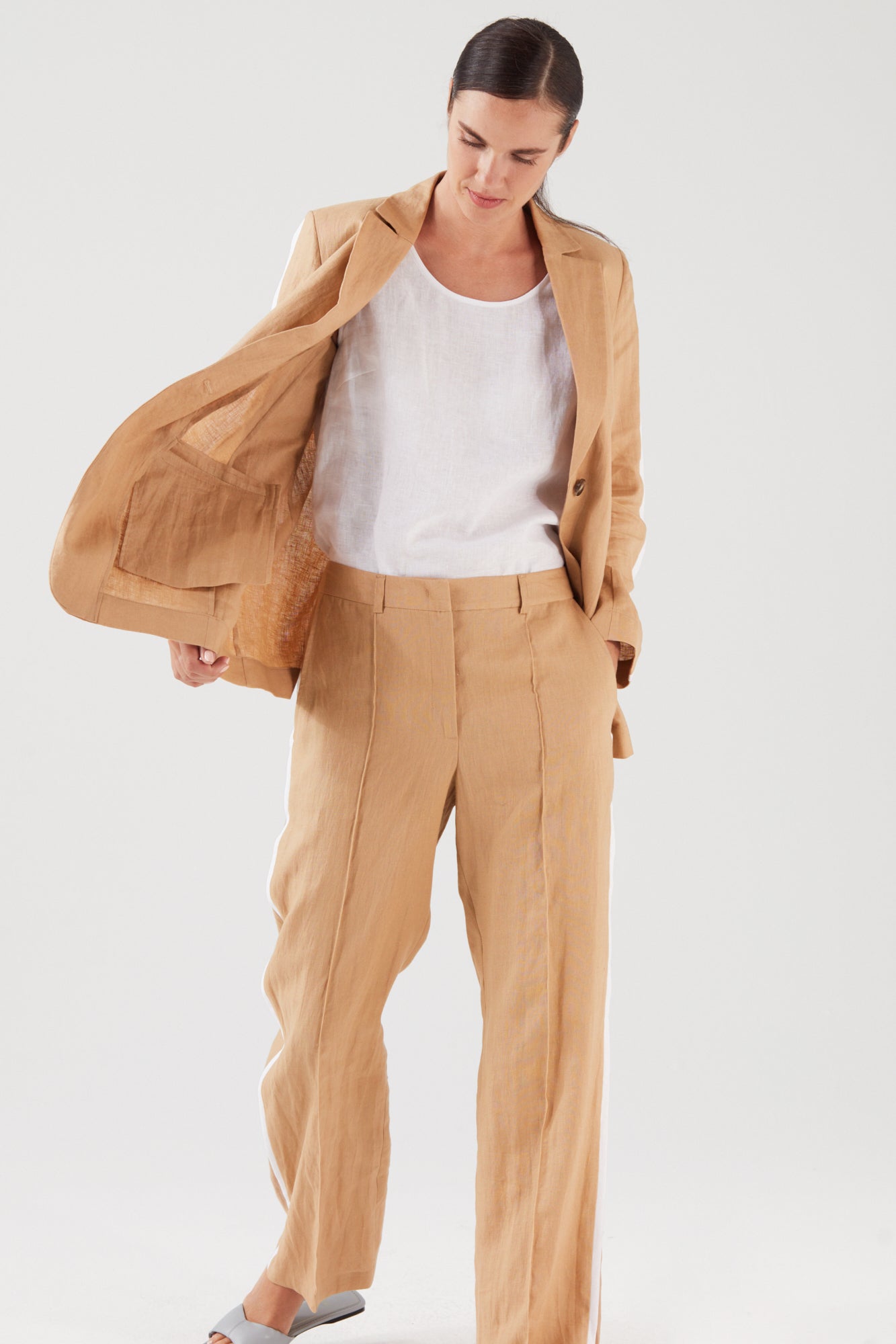 LINEN STRAIGHT LEG TROUSERS WITH STRIPE