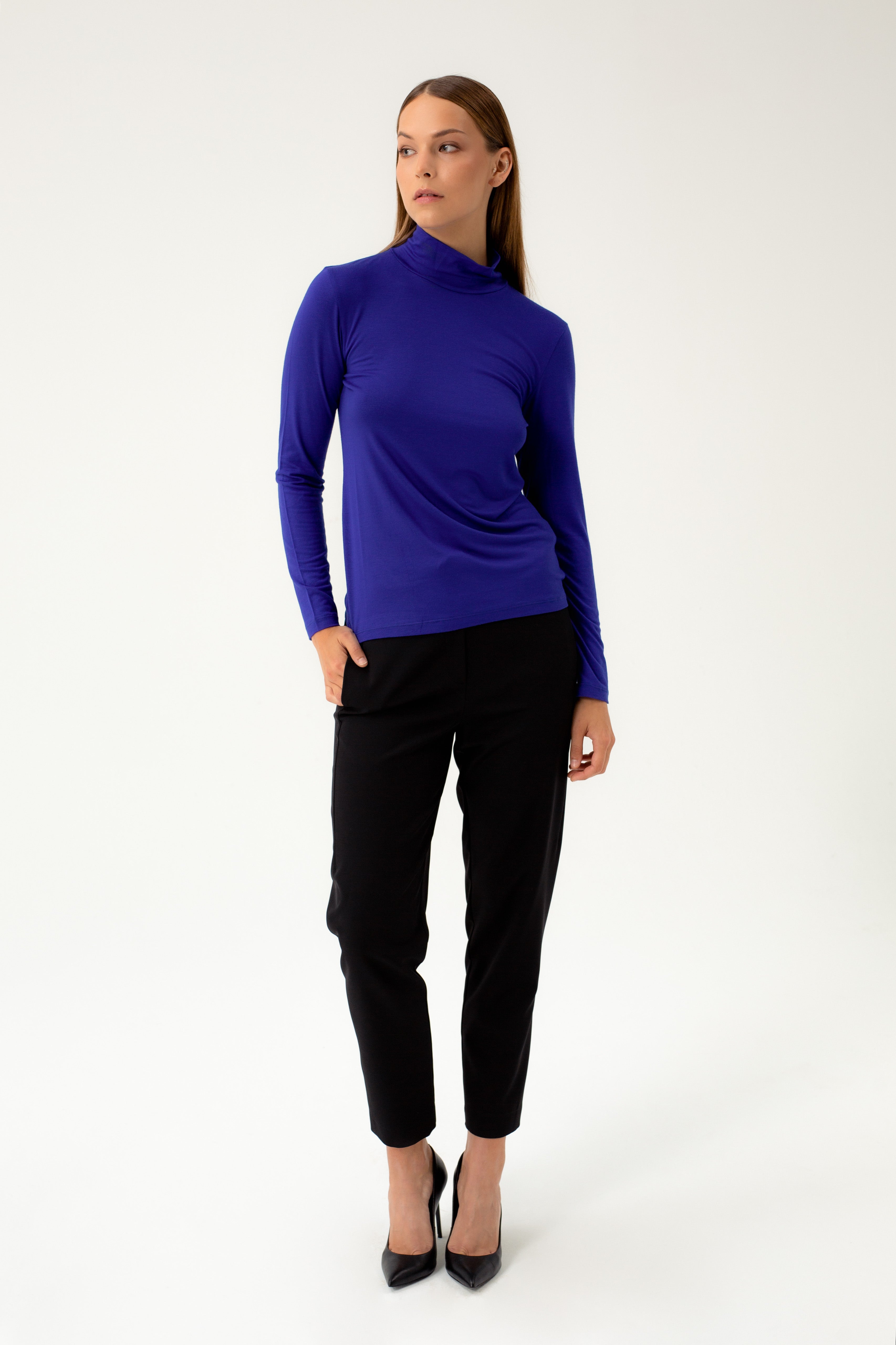 BLUE JERSEY BLOUSE WITH HIGH NECK