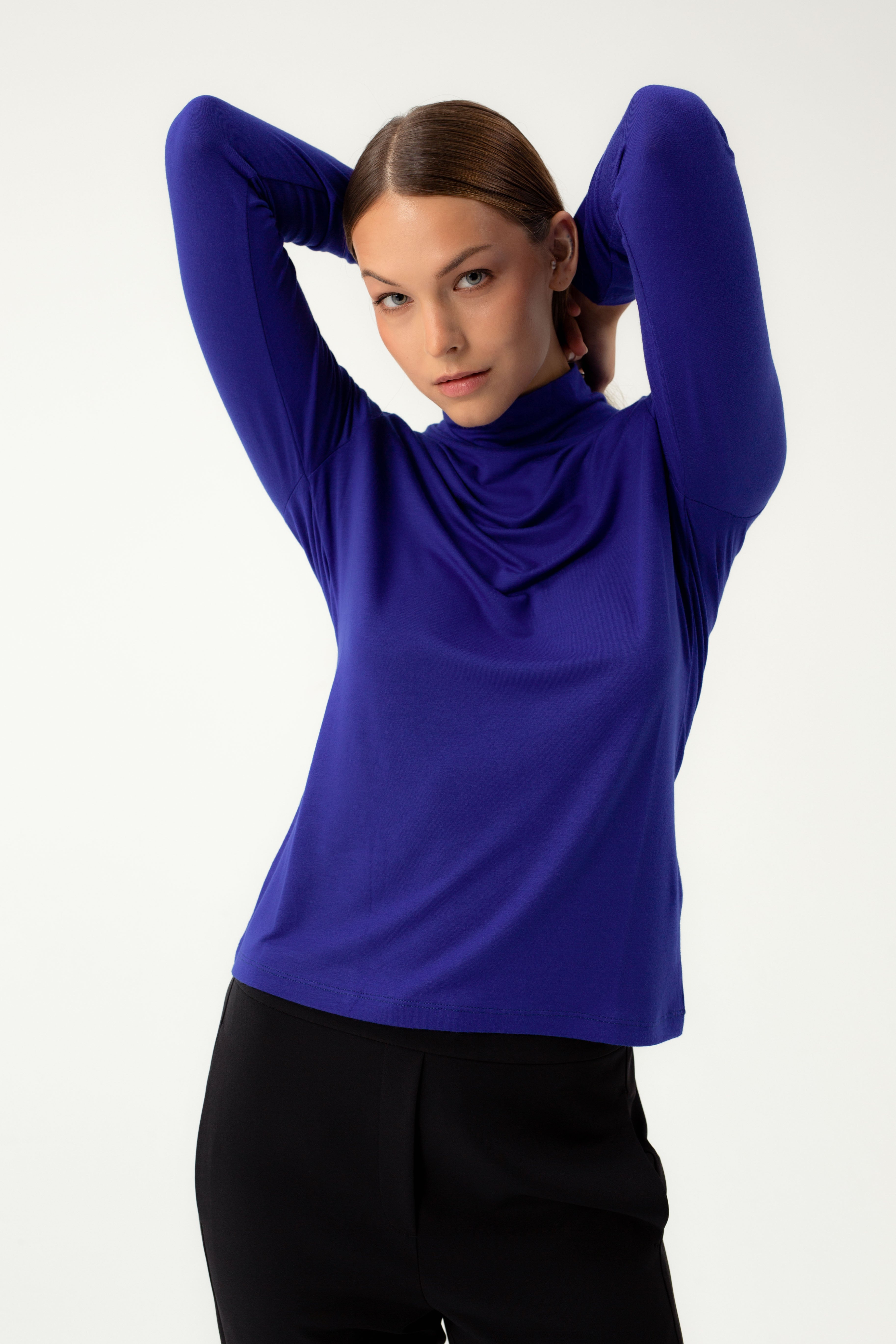 BLUE JERSEY BLOUSE WITH HIGH NECK
