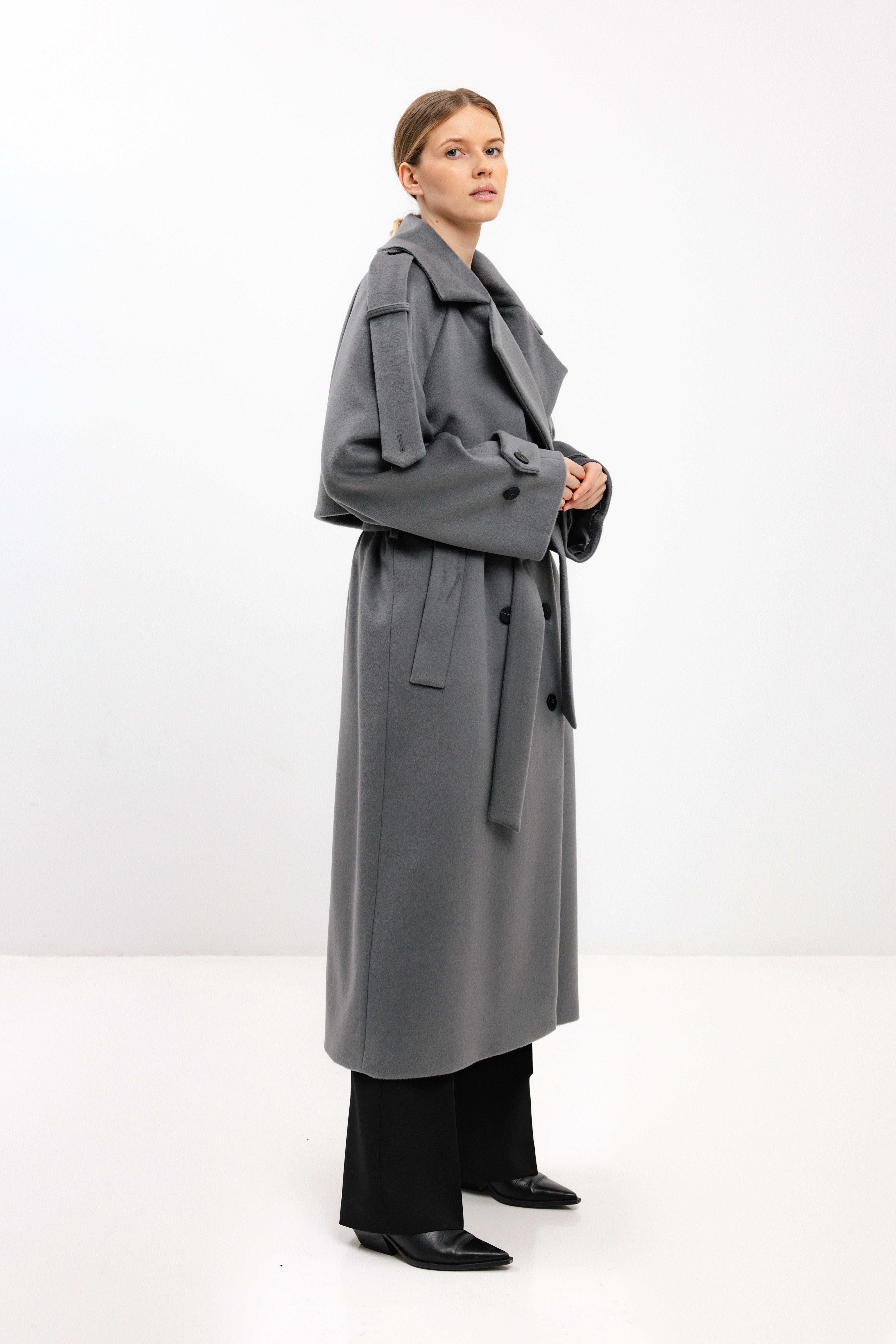 LONG BELTED LIGHT GREY WOOL COAT