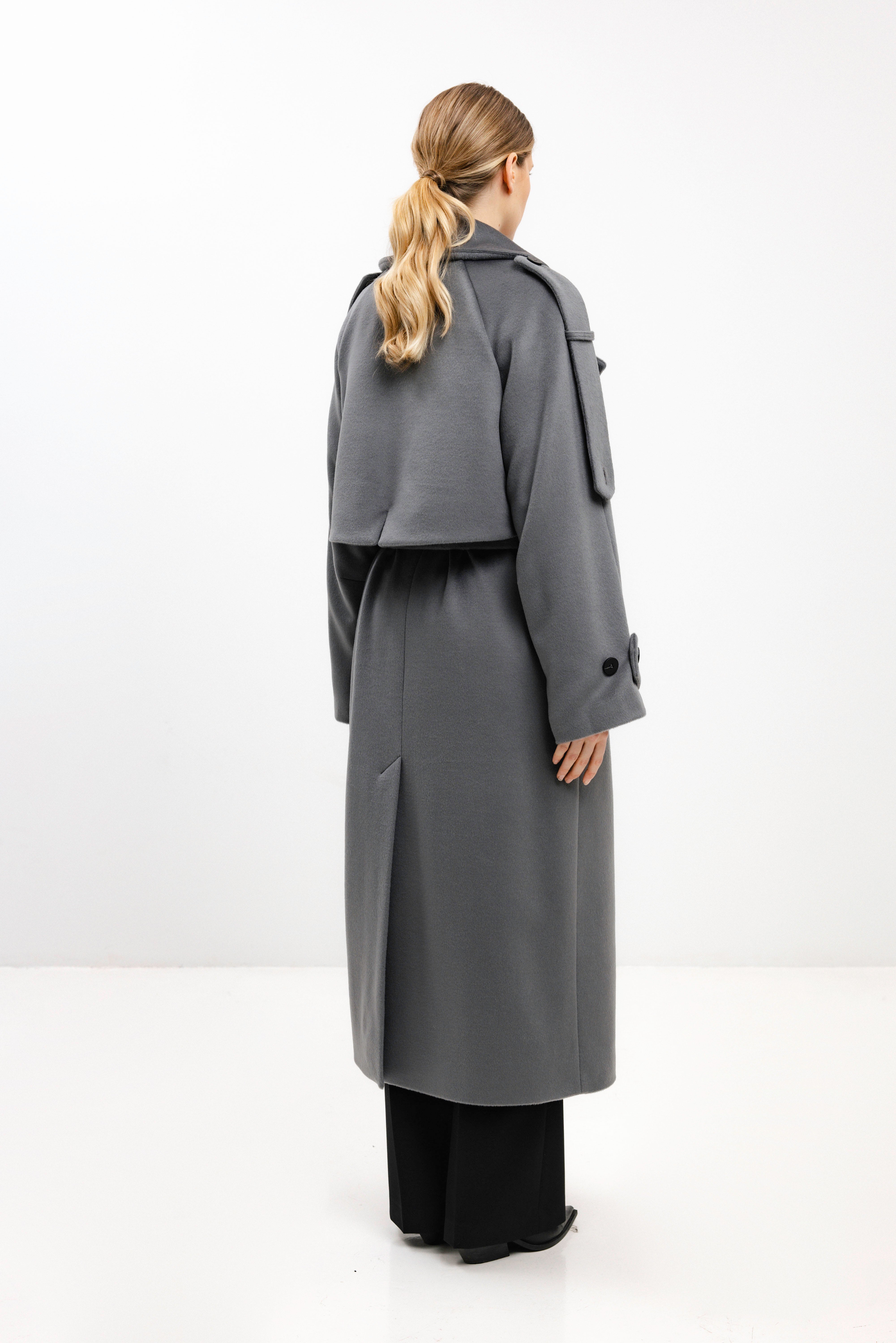 LONG BELTED LIGHT GREY WOOL COAT