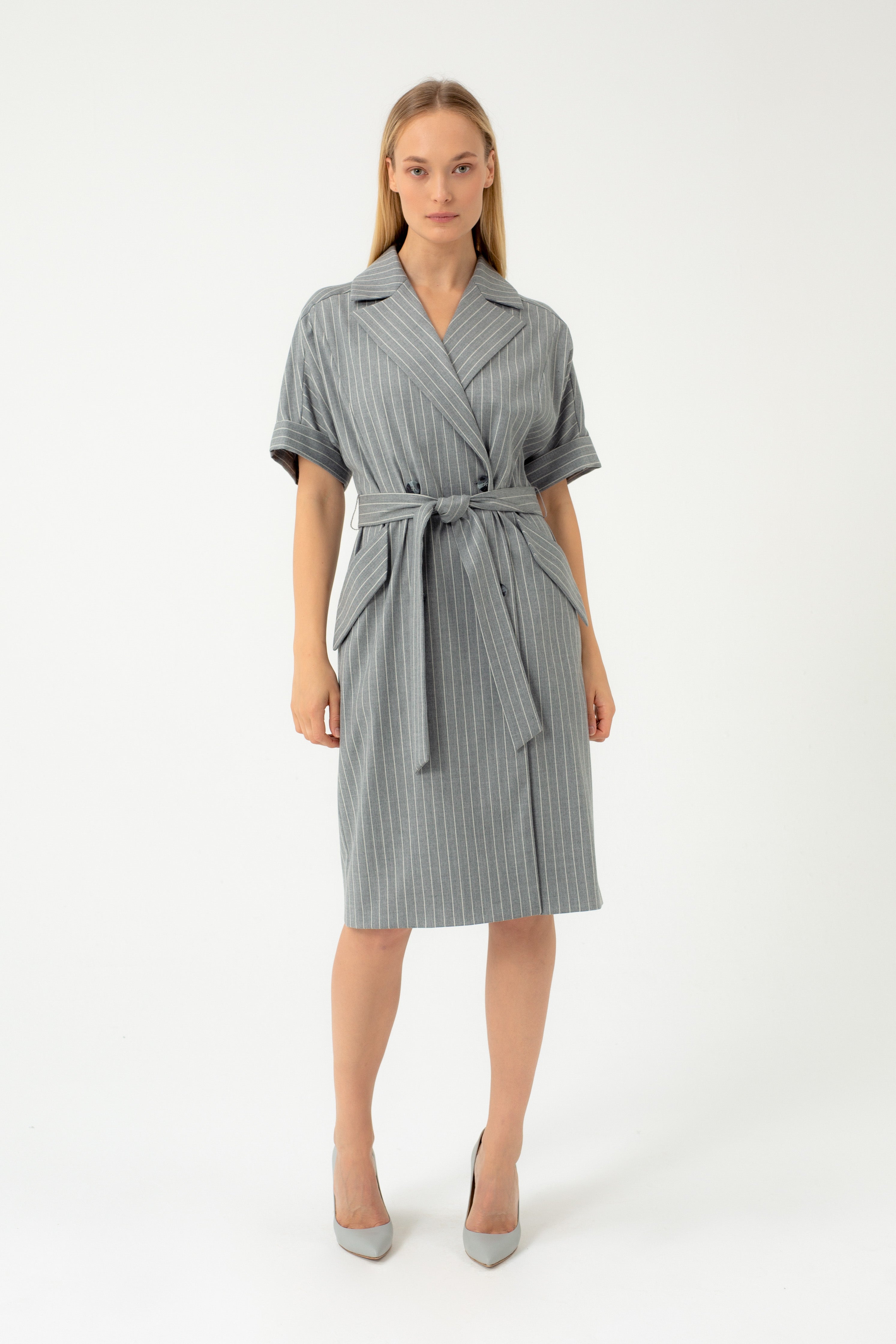 DOUBLE-BREASTED STRIPED DRESS WITH BELT