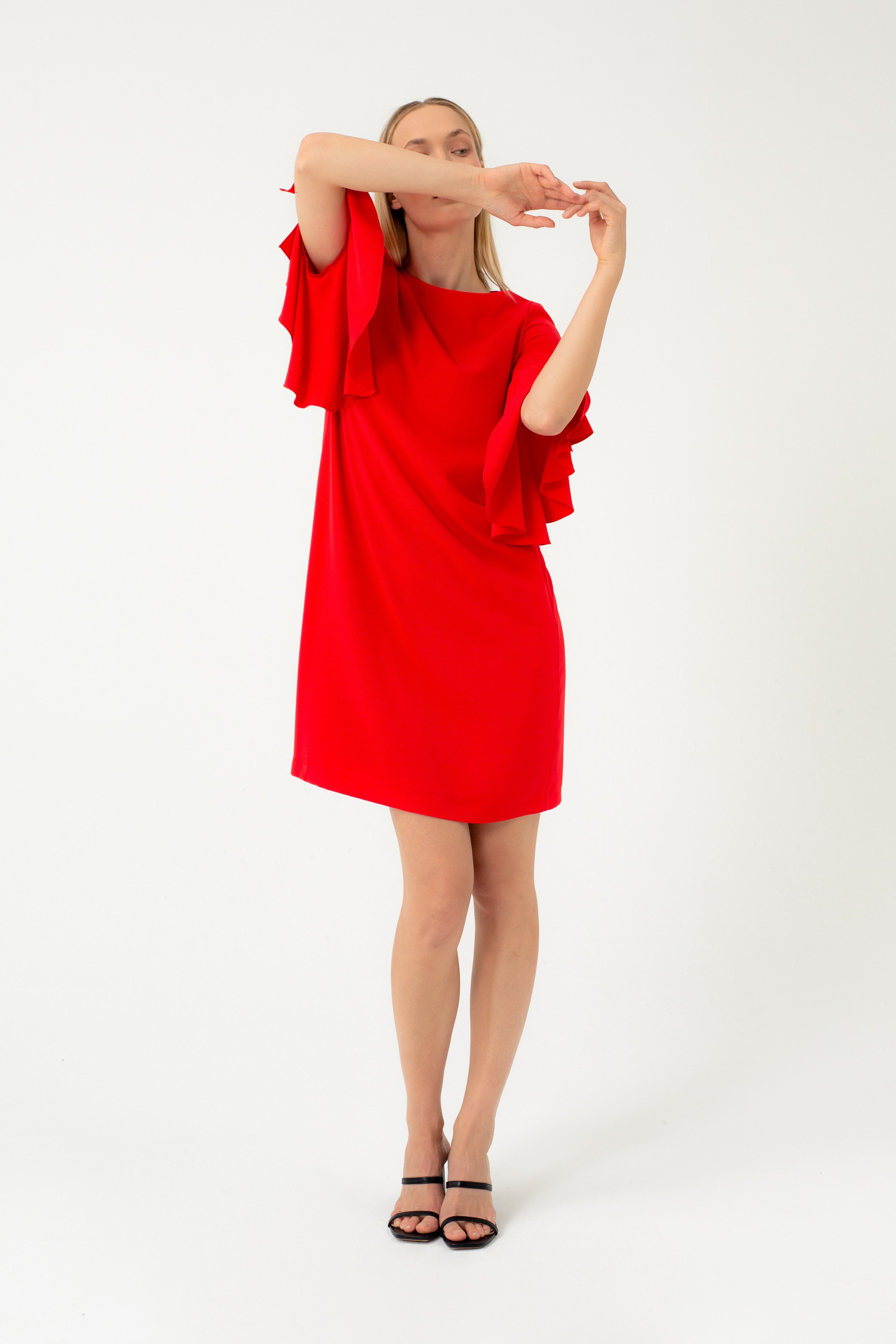RED DRESS WITH RUFFLES ON THE SLEEVES