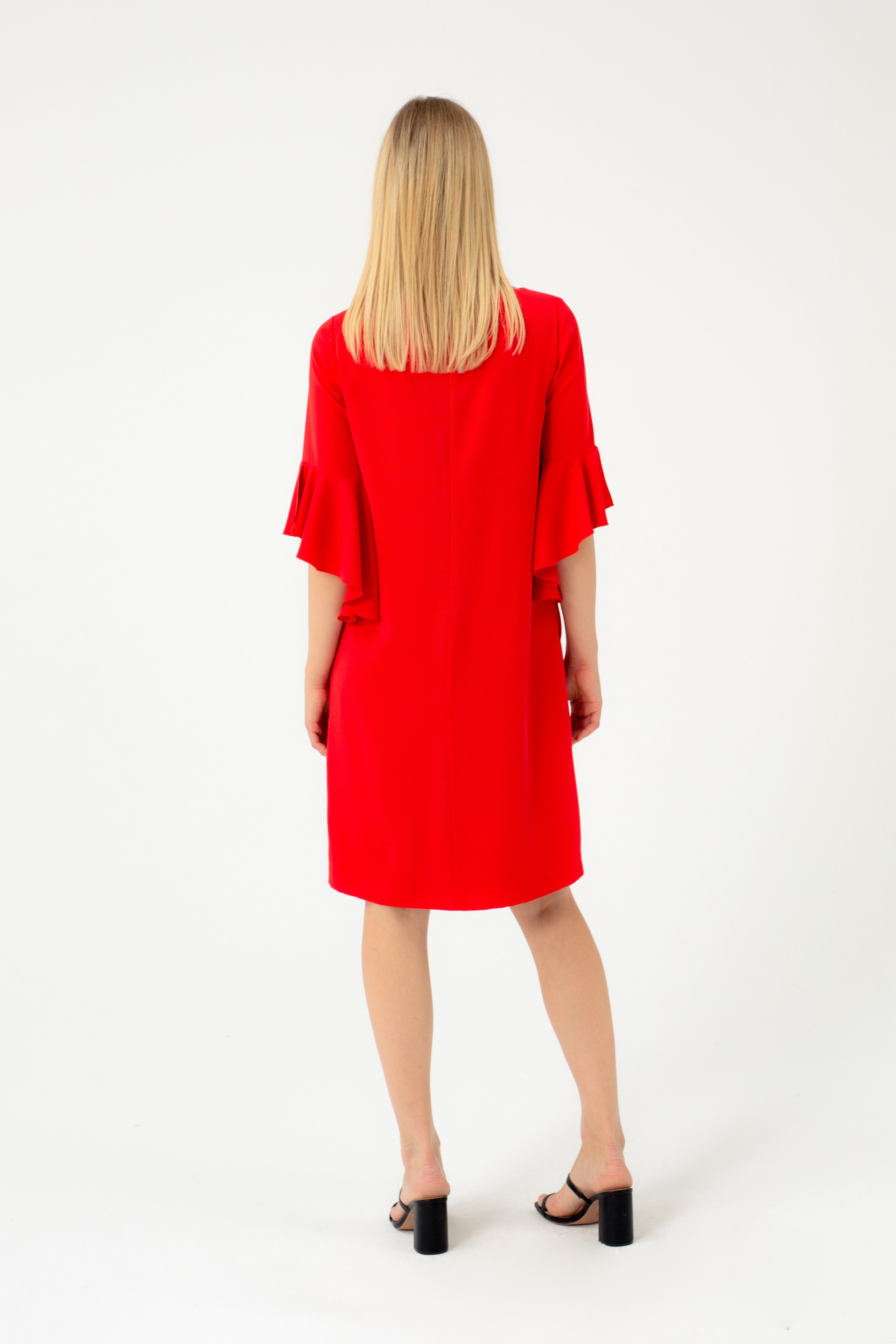 RED DRESS WITH RUFFLES ON THE SLEEVES
