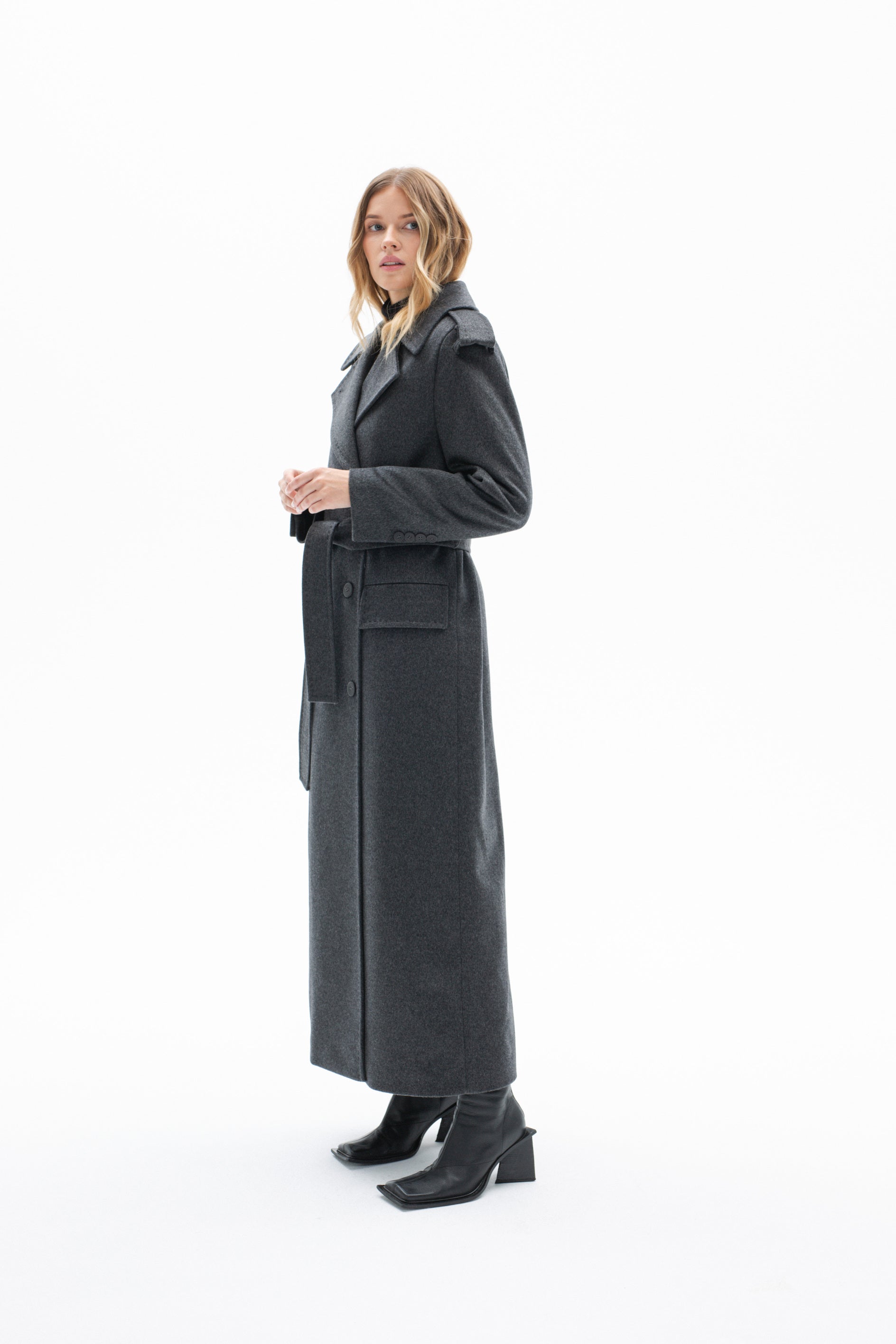 BELTED LONG WOODBLEND COAT IN GREY