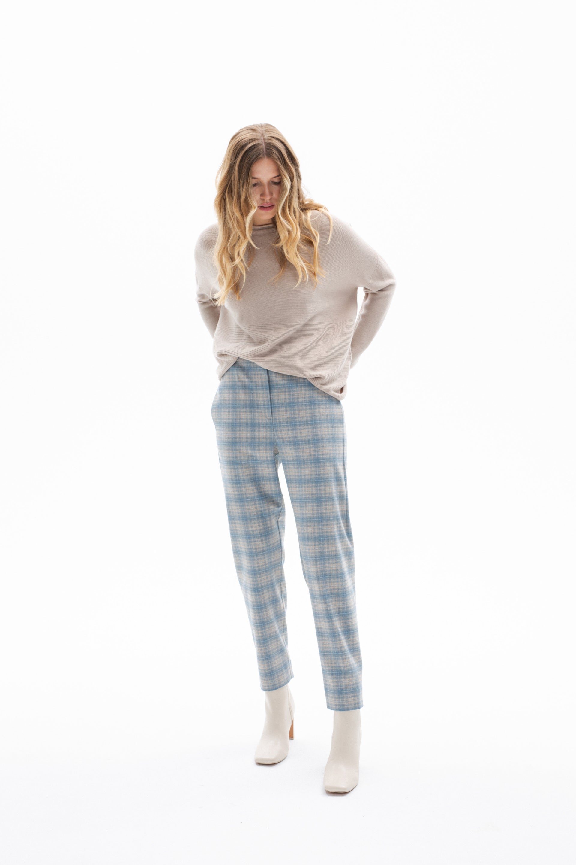 SKY BLUE PLEAT FRONT TROUSERS IN CHECKS