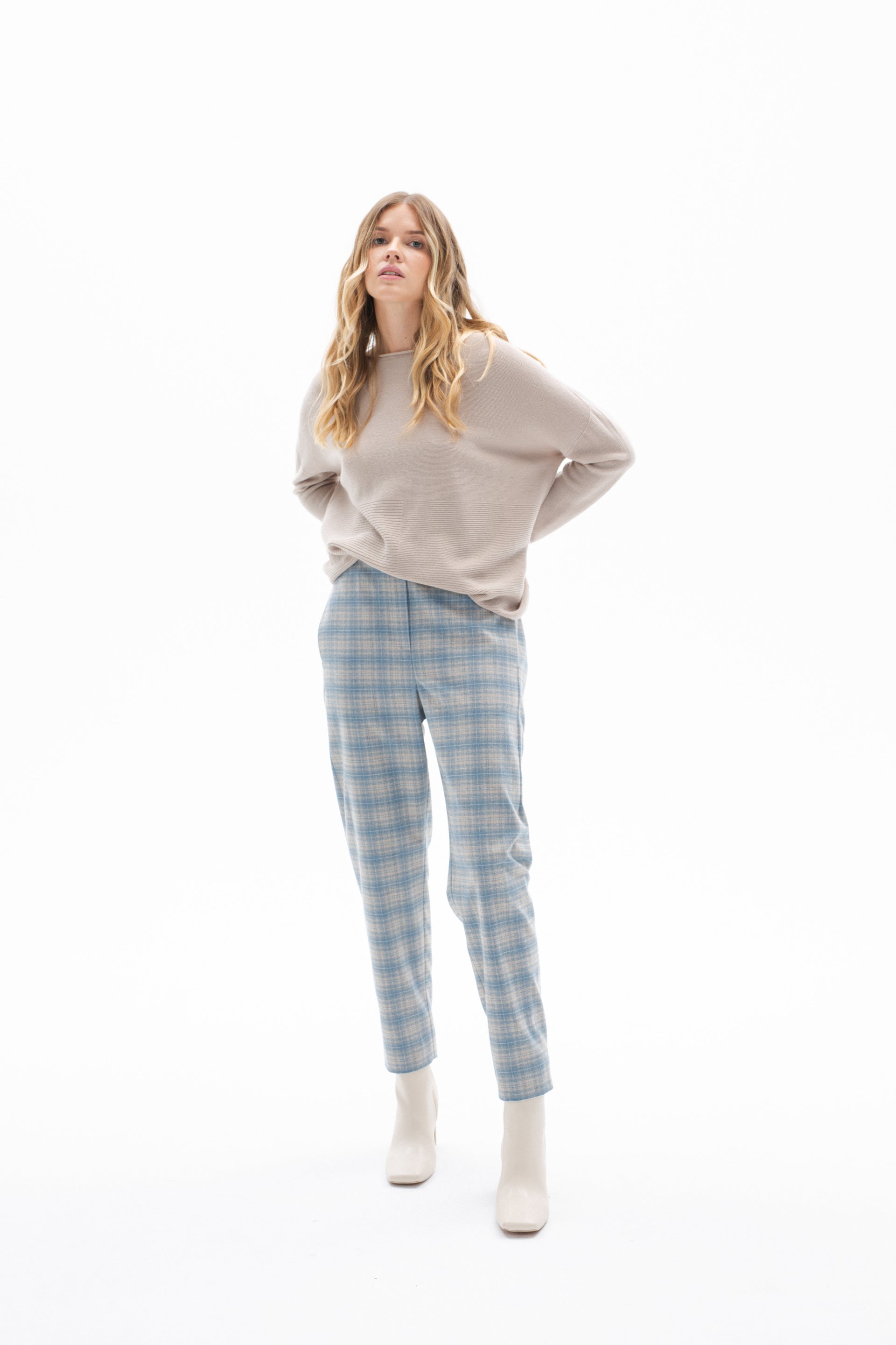 SKY BLUE PLEAT FRONT TROUSERS IN CHECKS