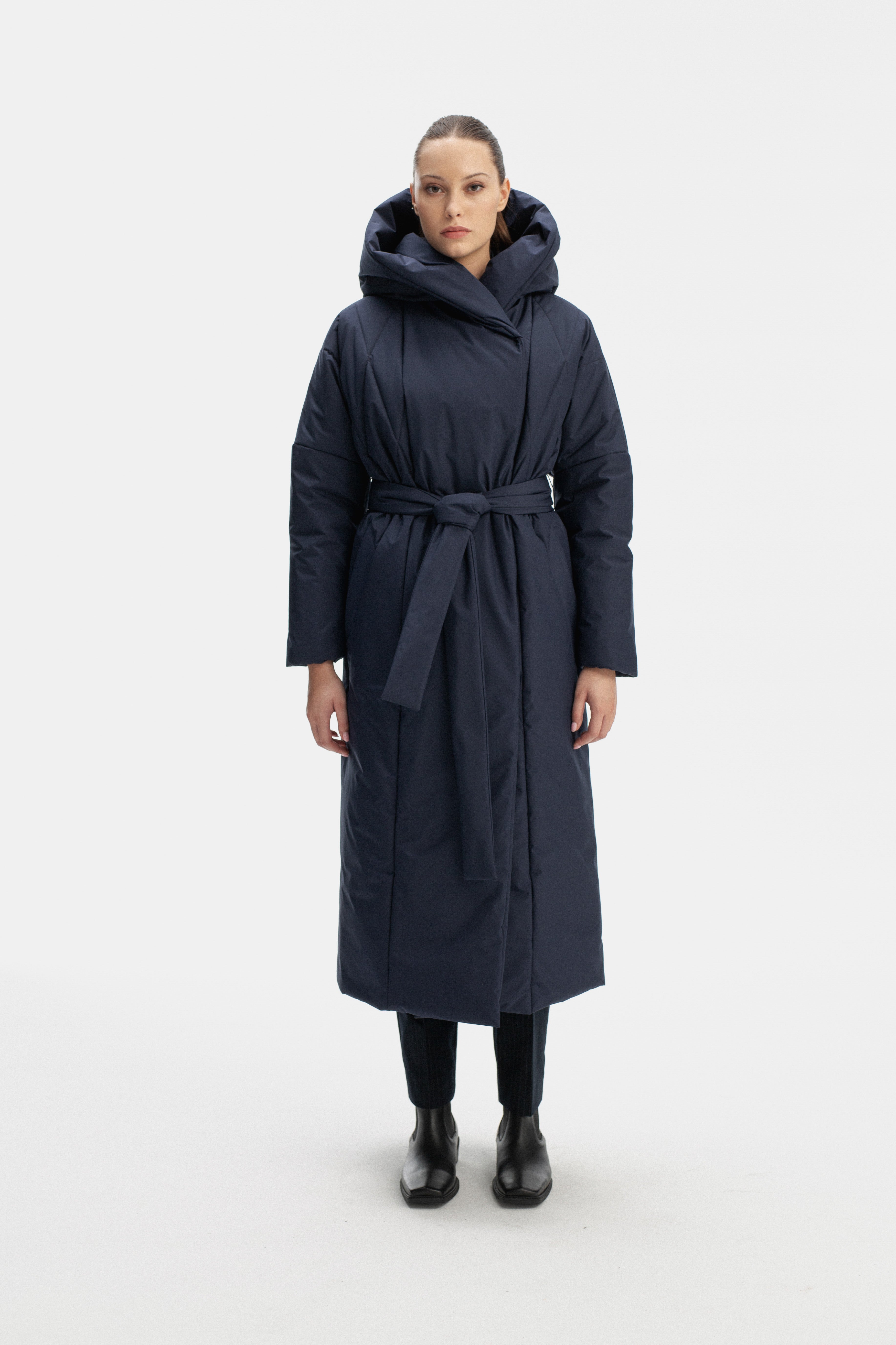 LONG PADDED COAT WITH HOOD IN BLUEBERRY