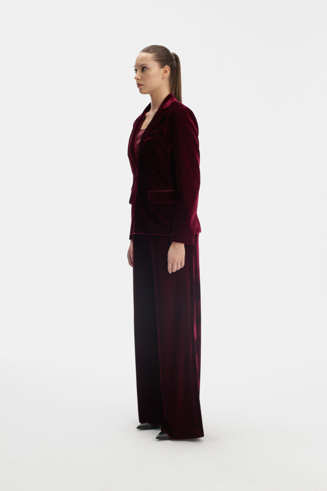 VELVET SINGLE BREASTED JACKET IN BURGUNDY