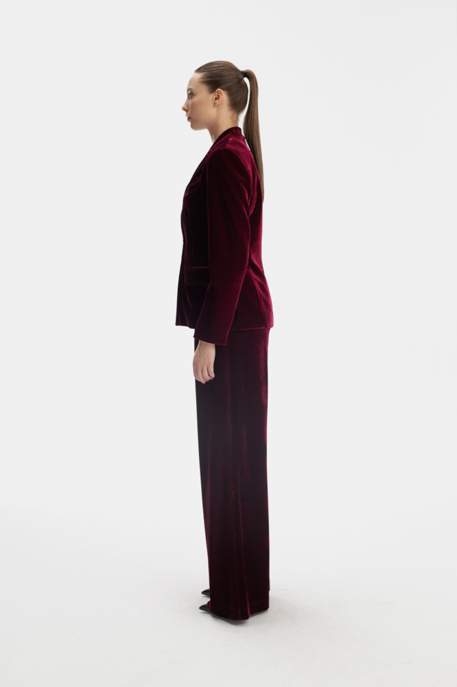 VELVET SINGLE BREASTED JACKET IN BURGUNDY