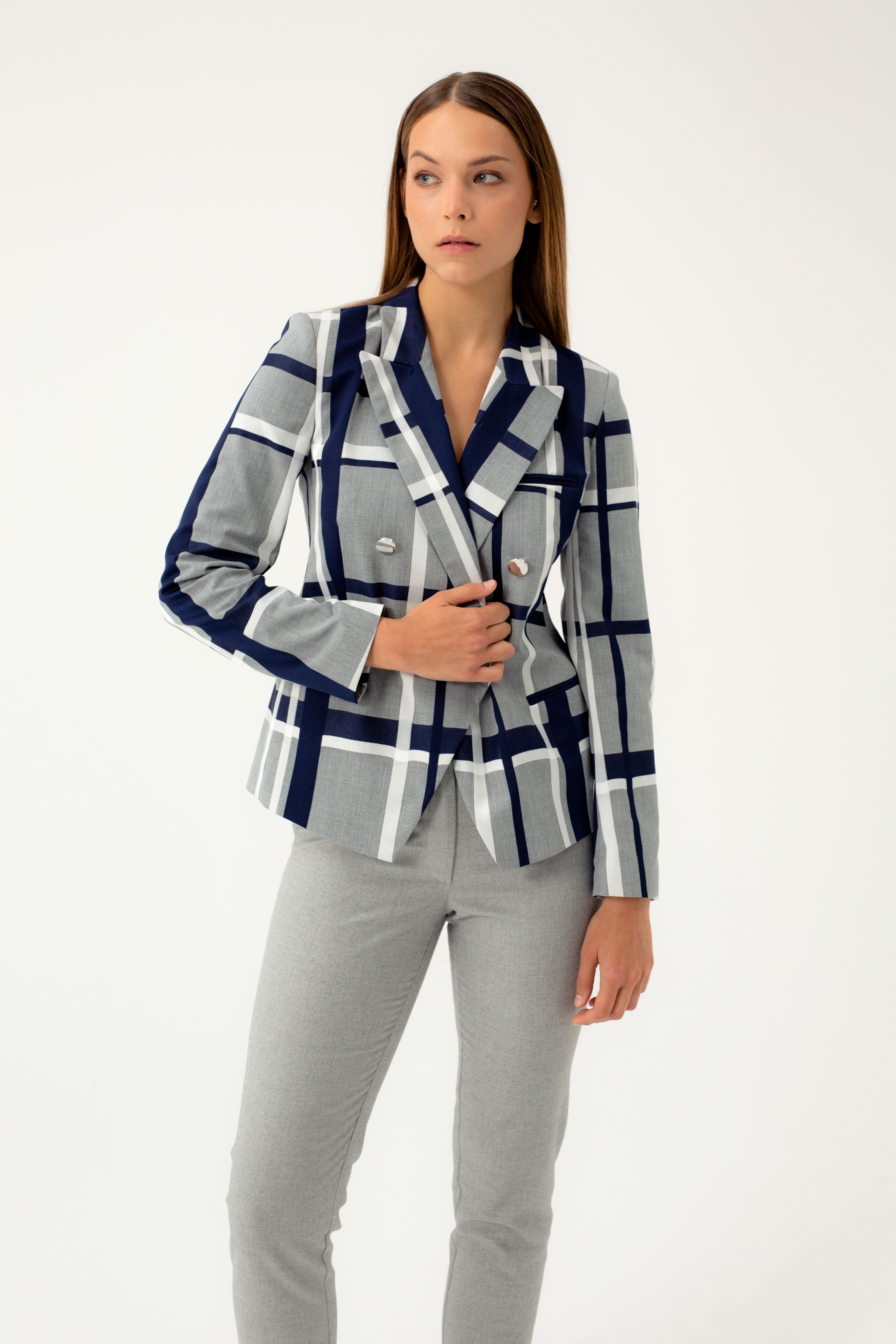 BLUE SHADE CHECKED DOUBLE-BREASTED JACKET