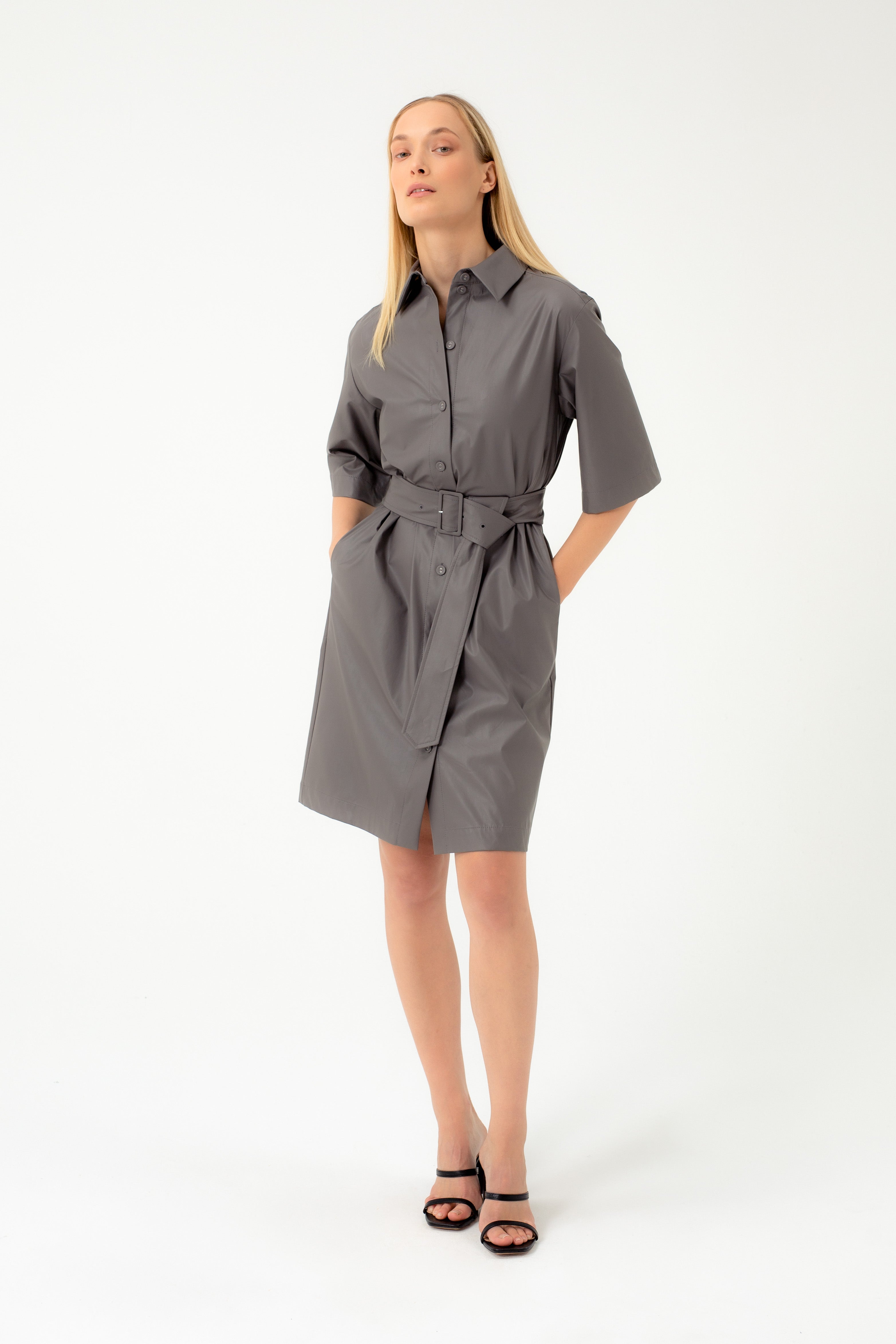 ECO LEATHER STRAIGHT DRESS WITH SHIRT STYLE SLEEVES