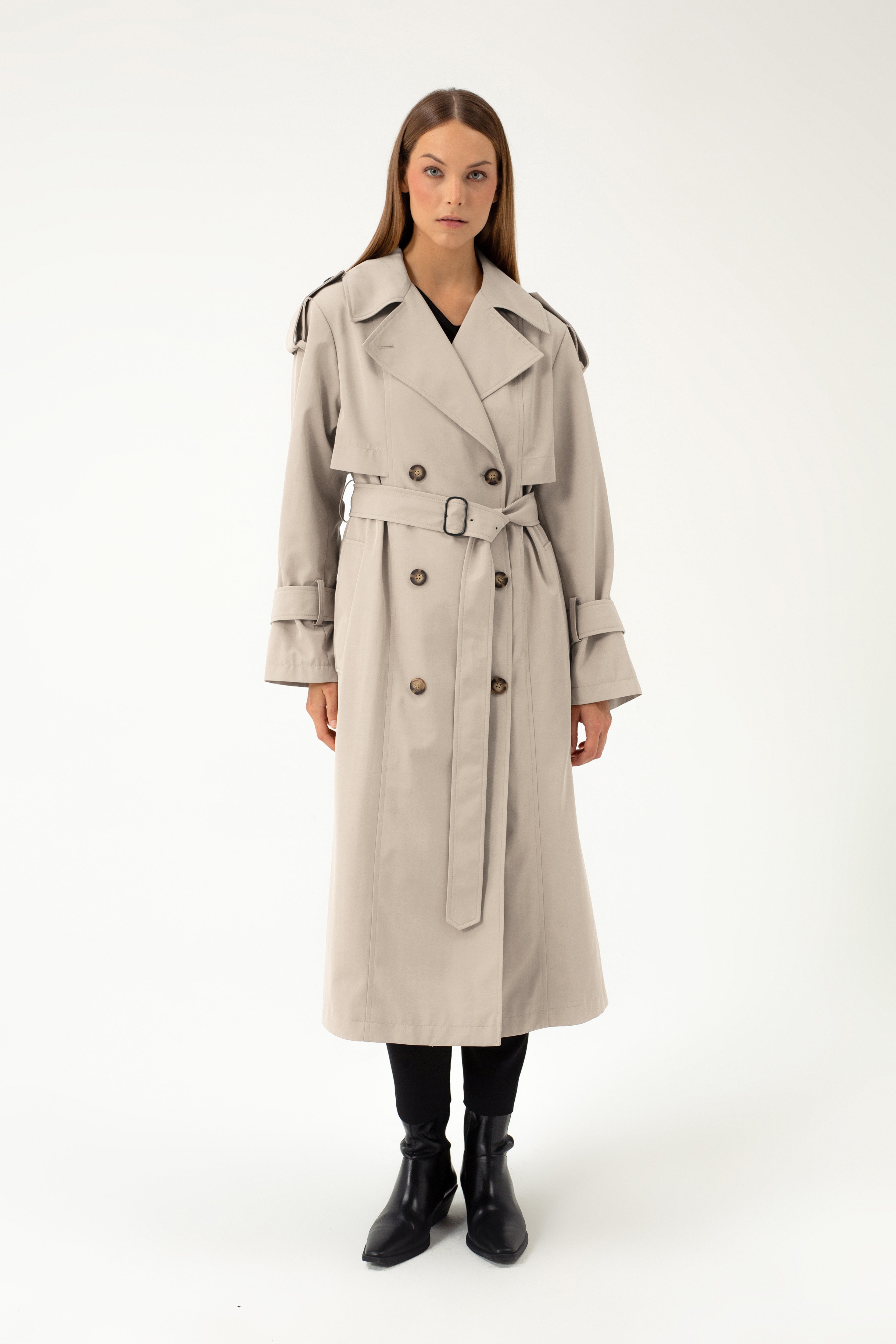 BEIGE TRENCHCOAT WITH DECORATIVE BELTS