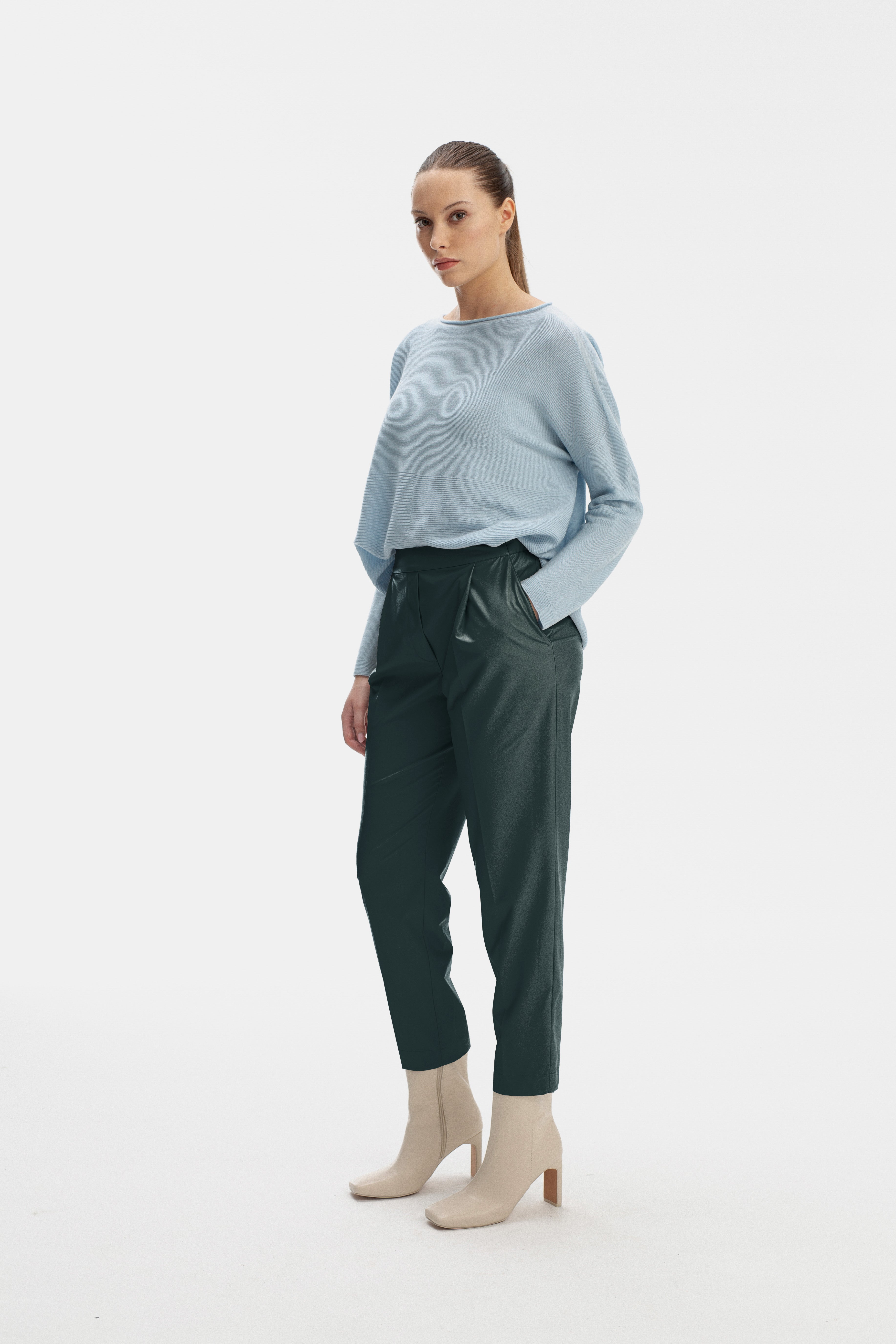GREEN ECO LEATHER TROUSERS WITH ELASTIC WAISTBAND