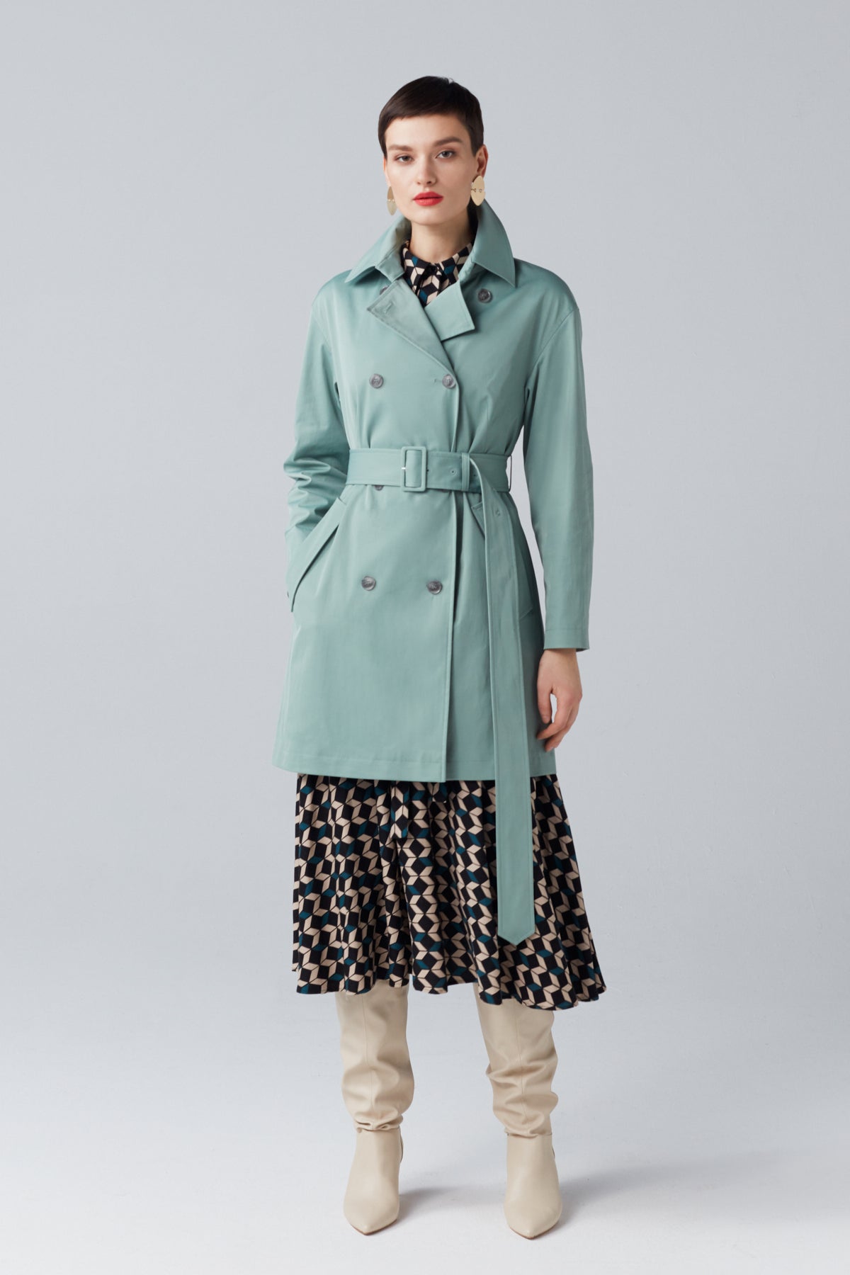 SHORT COTTON BLEND TRENCH COAT IN MINT
