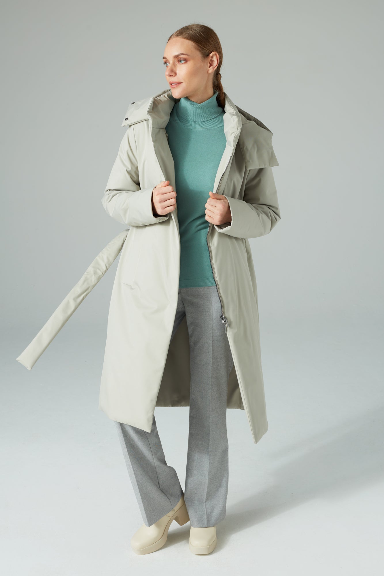 BELTED LONGLINE PADDED COAT WITH A HOOD STONE