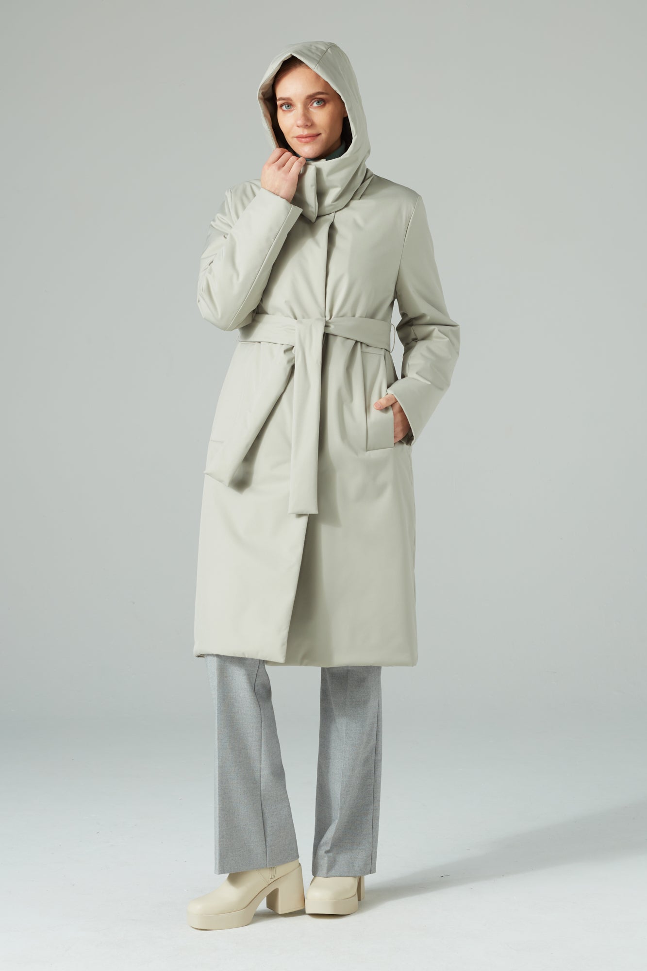 BELTED LONGLINE PADDED COAT WITH A HOOD STONE