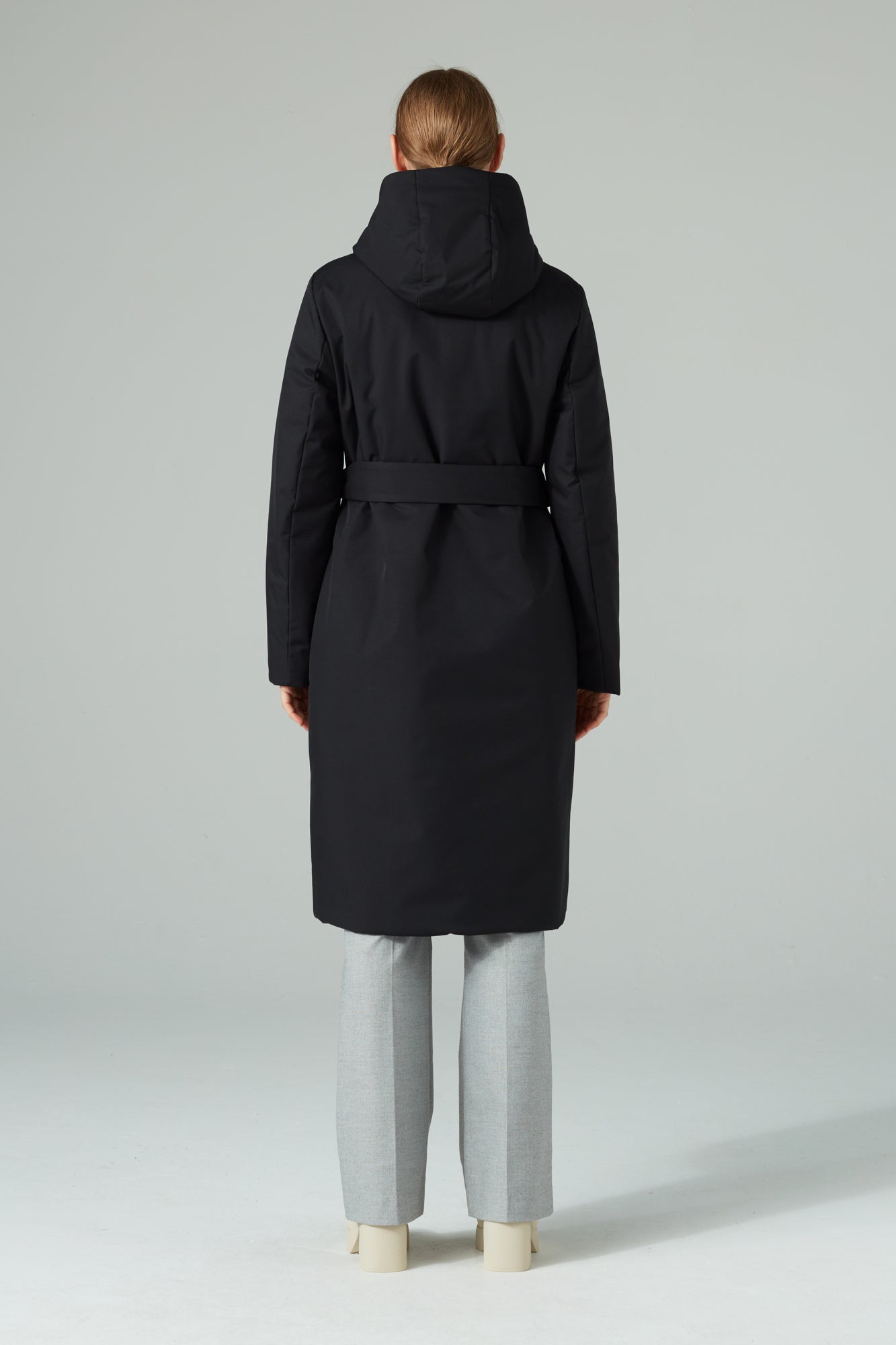 BELTED LONGLINE PADDED COAT WITH A HOOD BLACK