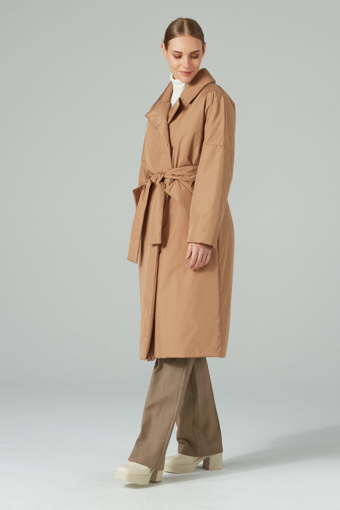 Long belted wool padded coat Camel