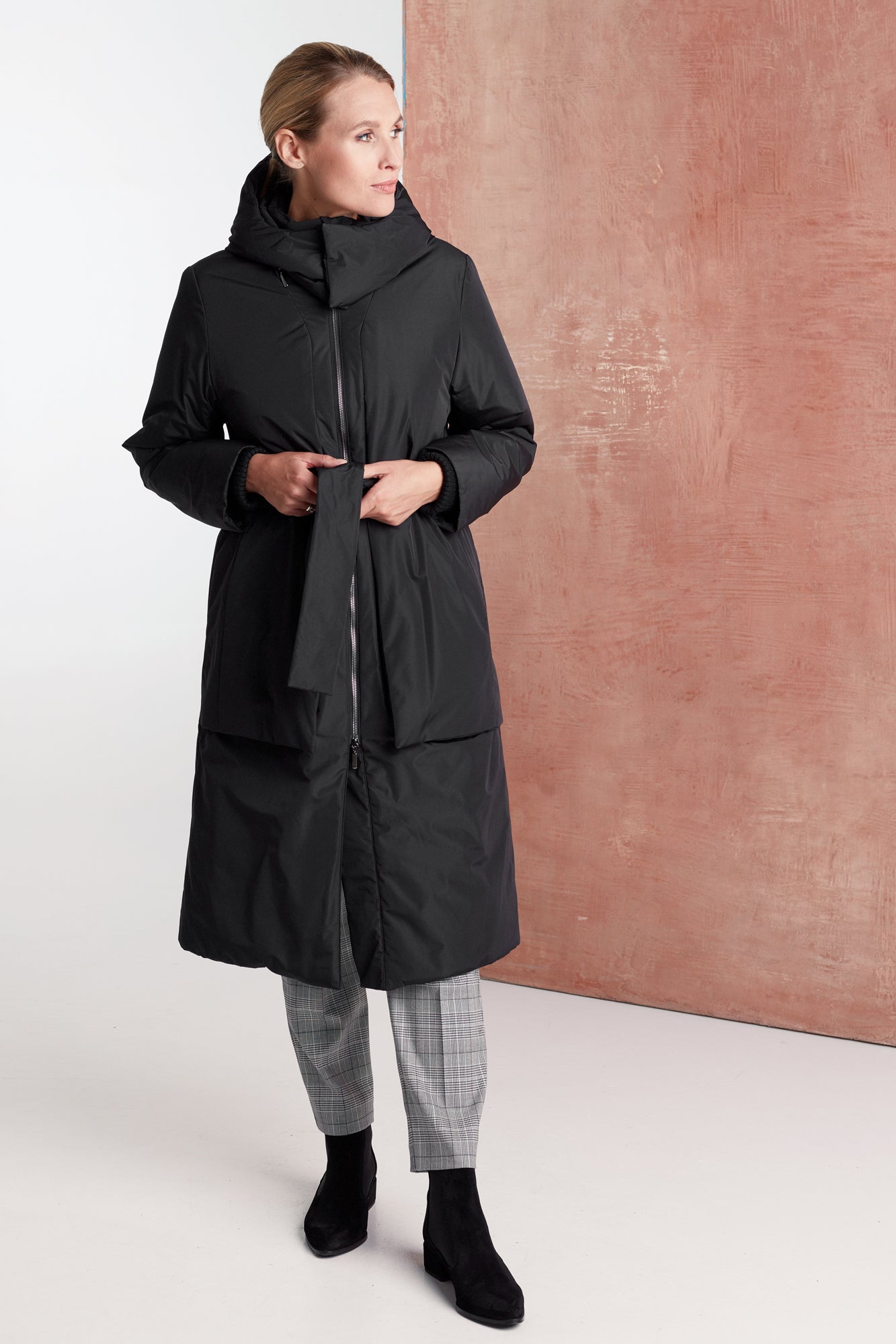 Belted Coat With Camel Wool Black