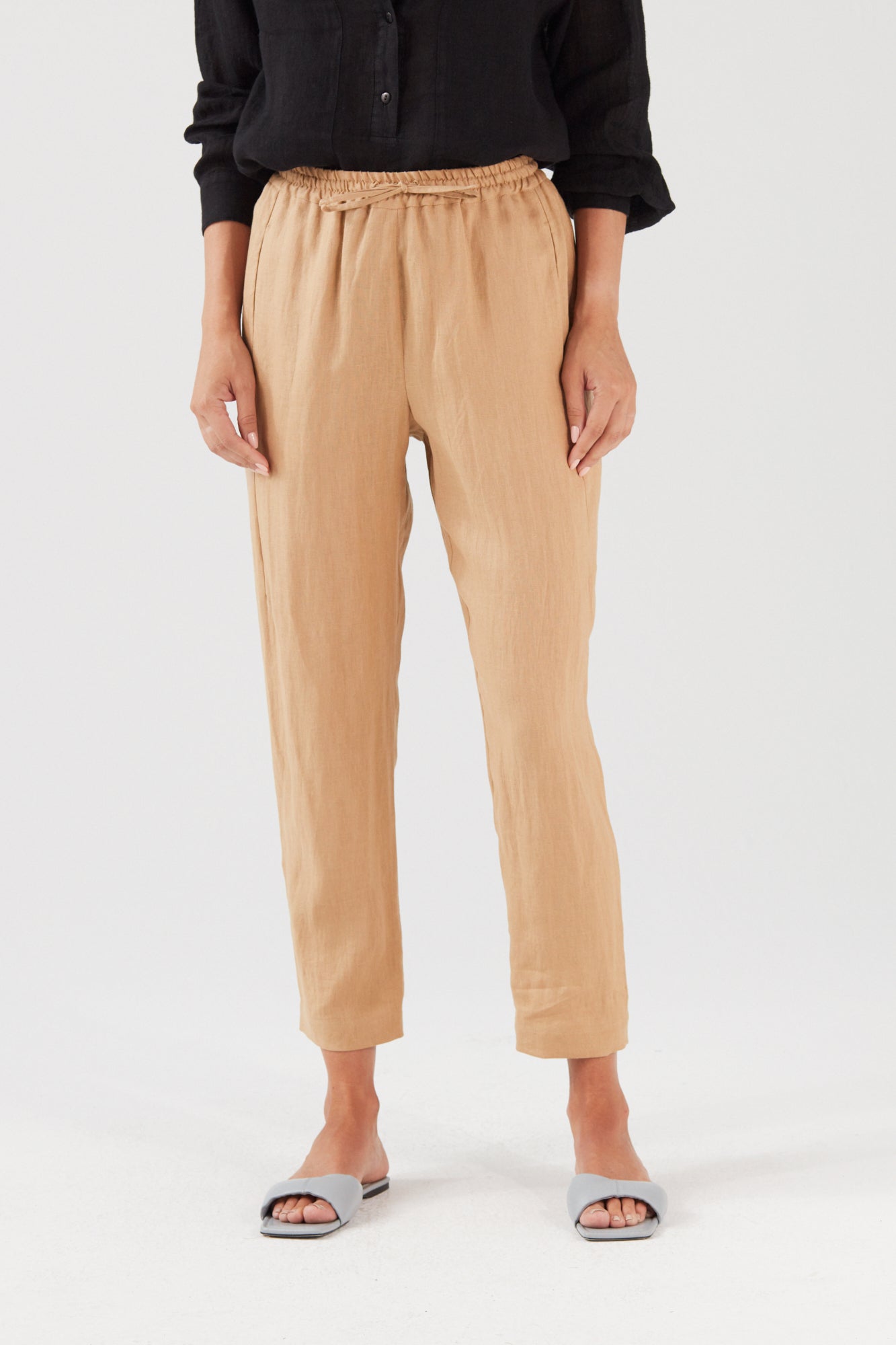 Linen Rich Tapered Ankle Grazer Trousers Sand