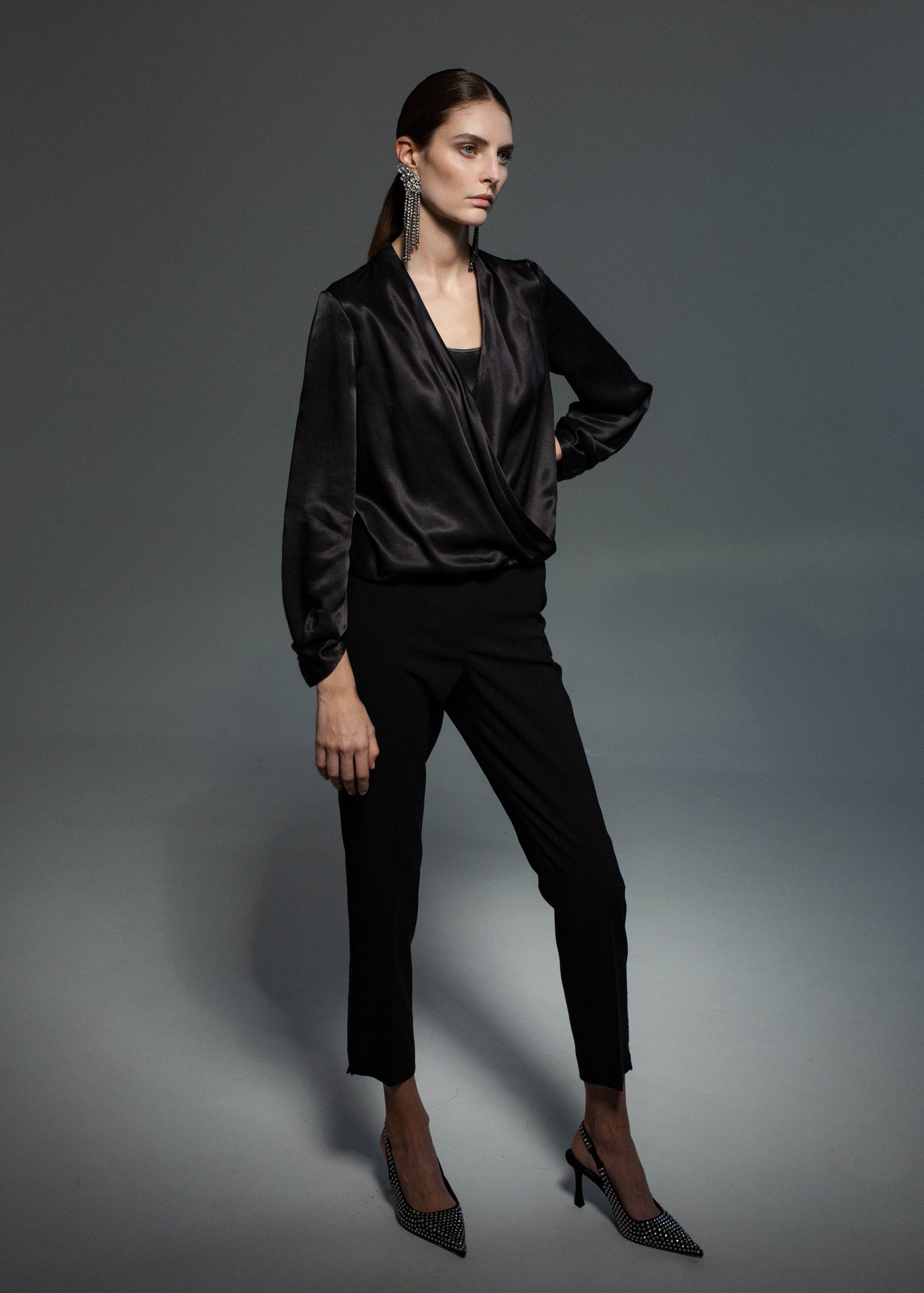 Viscose blouse with crossover front Black